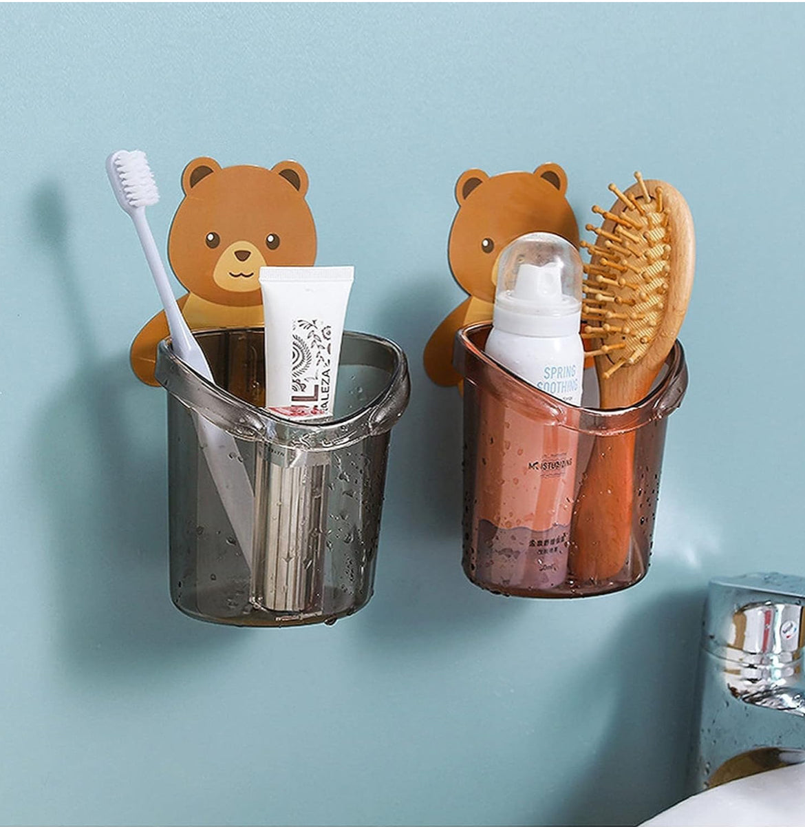 Cute Bear Wall Mounted Storage Holder – Multi-Purpose Bathroom & Kitchen Organizer | Self-Adhesive Drain Cup for Brushes, Toothbrush, Sponges (4 PCS SET)