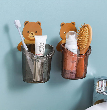 Cute Bear Wall Mounted Storage Holder – Multi-Purpose Bathroom & Kitchen Organizer | Self-Adhesive Drain Cup for Brushes, Toothbrush, Sponges (4 PCS SET)