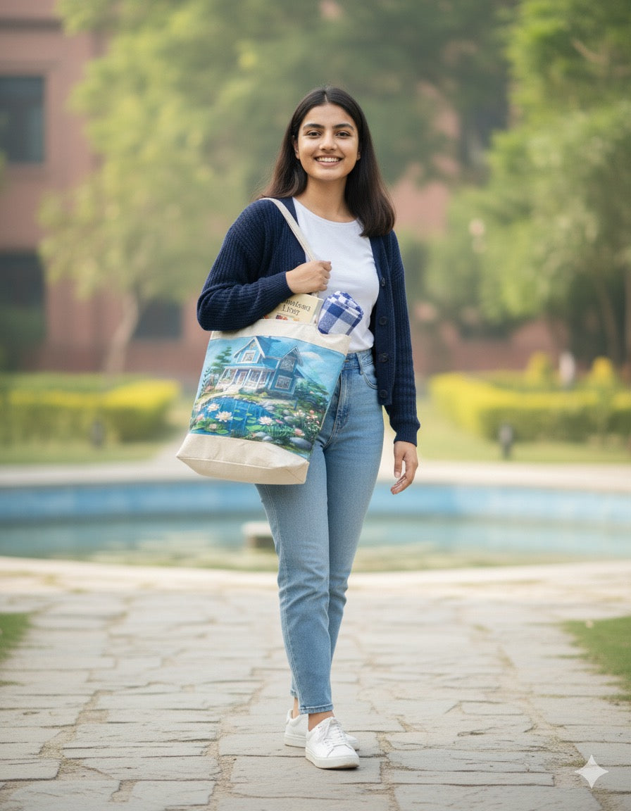 🏡 Lakeside Cottage Scene Canvas Tote Bag