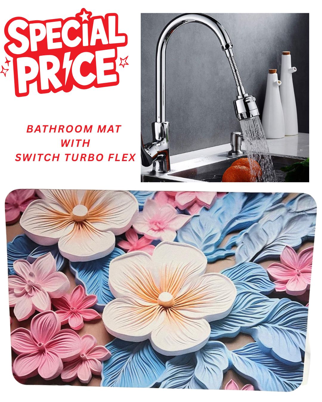 Premium Bathroom Mat (5 Designs) + Turbo Flex Tap Nozzle Combo