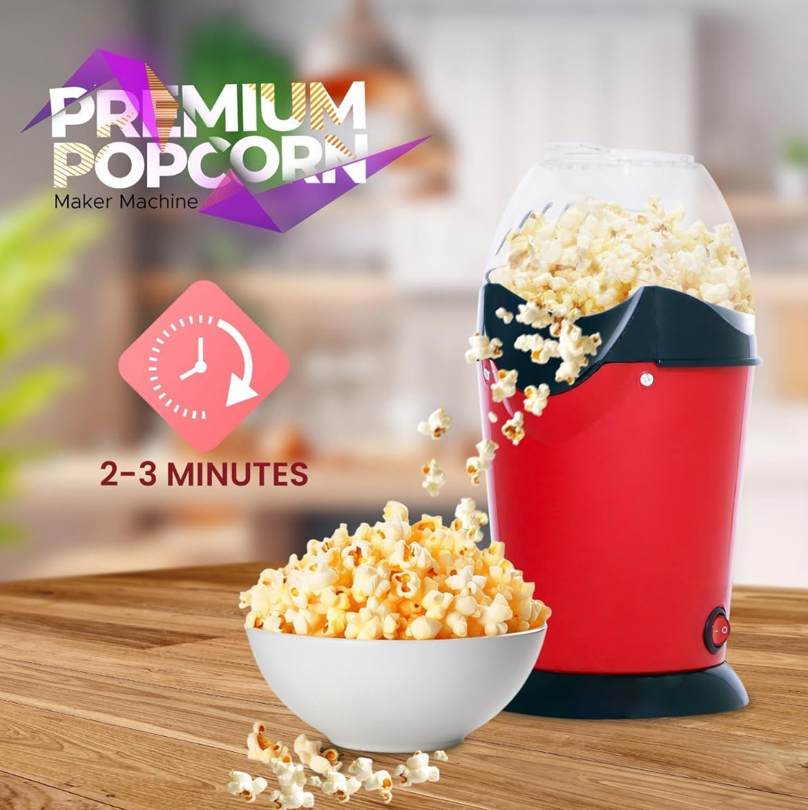 Hot Air Popcorn Maker Machine – Oil-Free, Fast 3-Min Popcorn Maker | Home Snack Maker