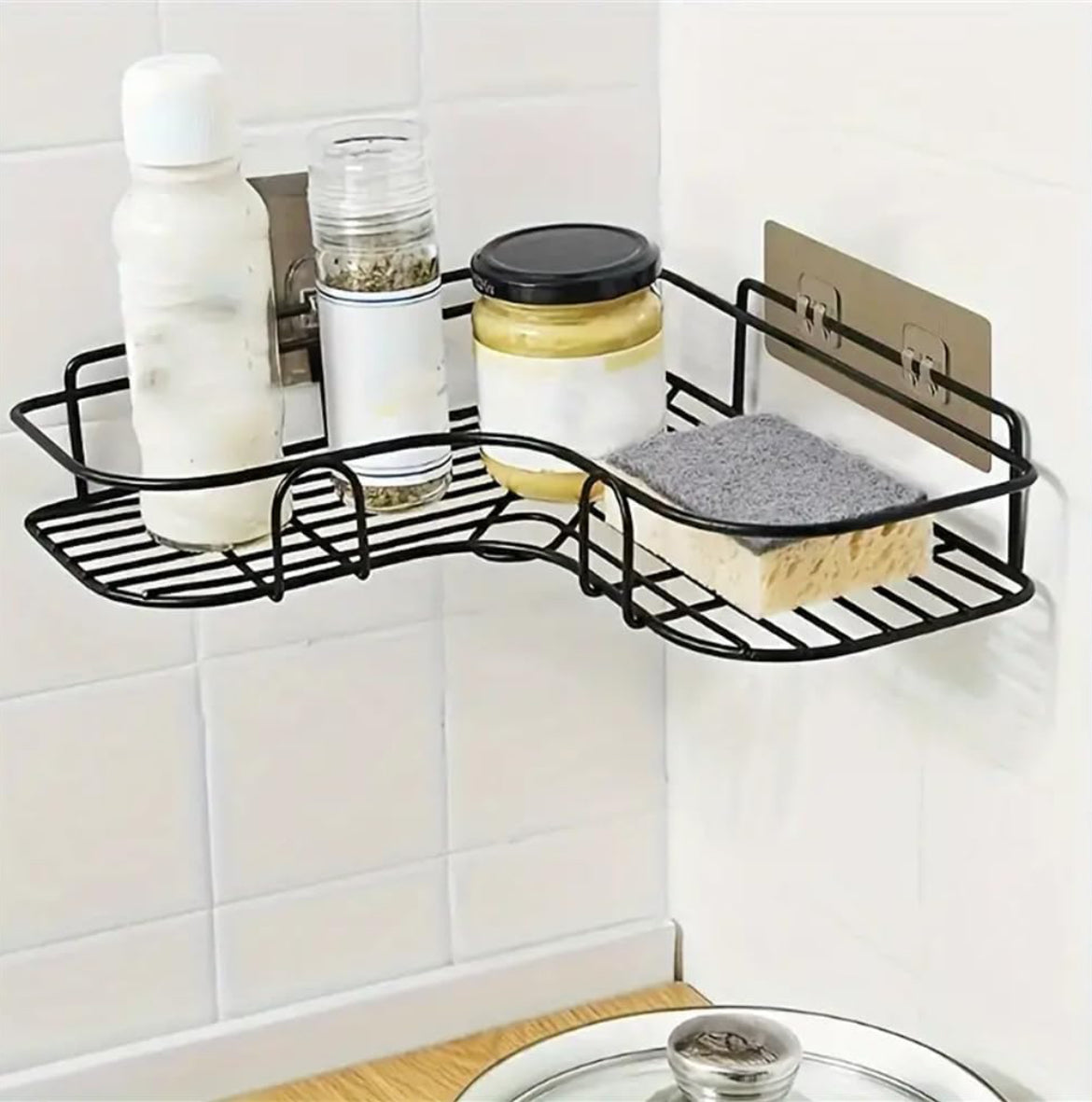 No-Drill Metal Corner Wall Shelf – Heavy-Duty Bathroom & Kitchen Storage Rack (Self-Adhesive)
