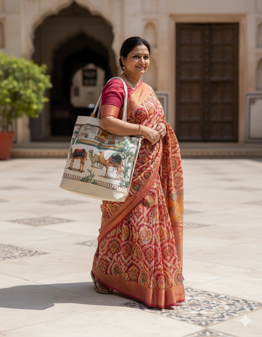 🐪 Rajasthani Desert-Inspired Camel Print Tote Bag
