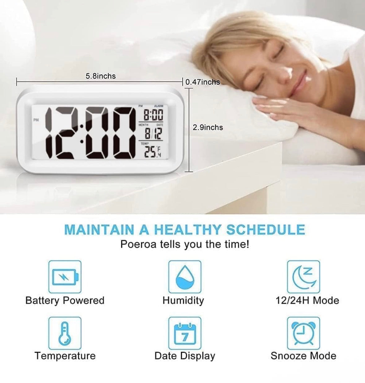 Rectangle Digital Alarm Clock – White | Smart Backlight, Date & Indoor Temperature Display | Battery Operated LCD Table Alarm Clock