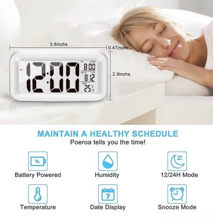Rectangle Digital Alarm Clock – White | Smart Backlight, Date & Indoor Temperature Display | Battery Operated LCD Table Alarm Clock