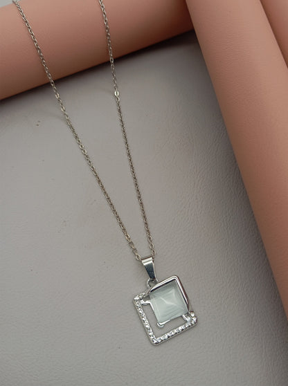 2-in-1 Pendant Necklace Combo – Square Crystal & Lock Design (Silver-Tone)