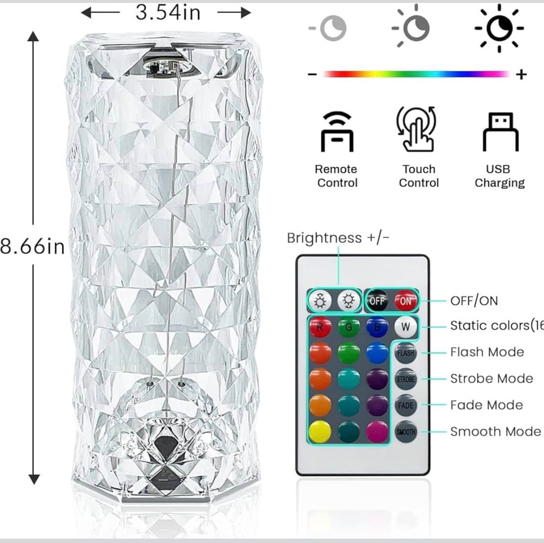 Crystal Diamond Table Lamp | 16-Color RGB LED Night Light | USB Rechargeable Crystal Rose Lamp with Remote & Touch Control | Bedroom & Home Decor