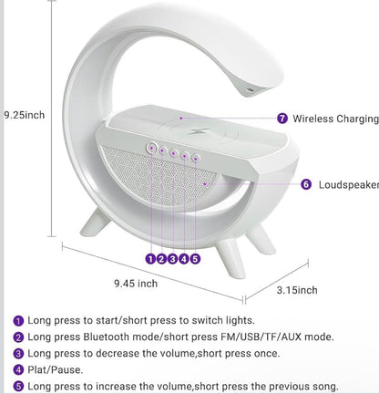 G-Shape LED Wireless Charging Speaker Lamp | 4-in-1 Bluetooth Night Light with Wireless Charger