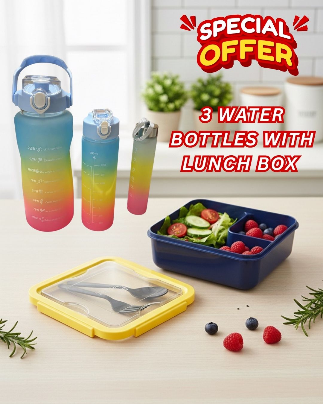 3 Gradient Water Bottles (Leakproof) + Premium Lunch Box Combo Offer
