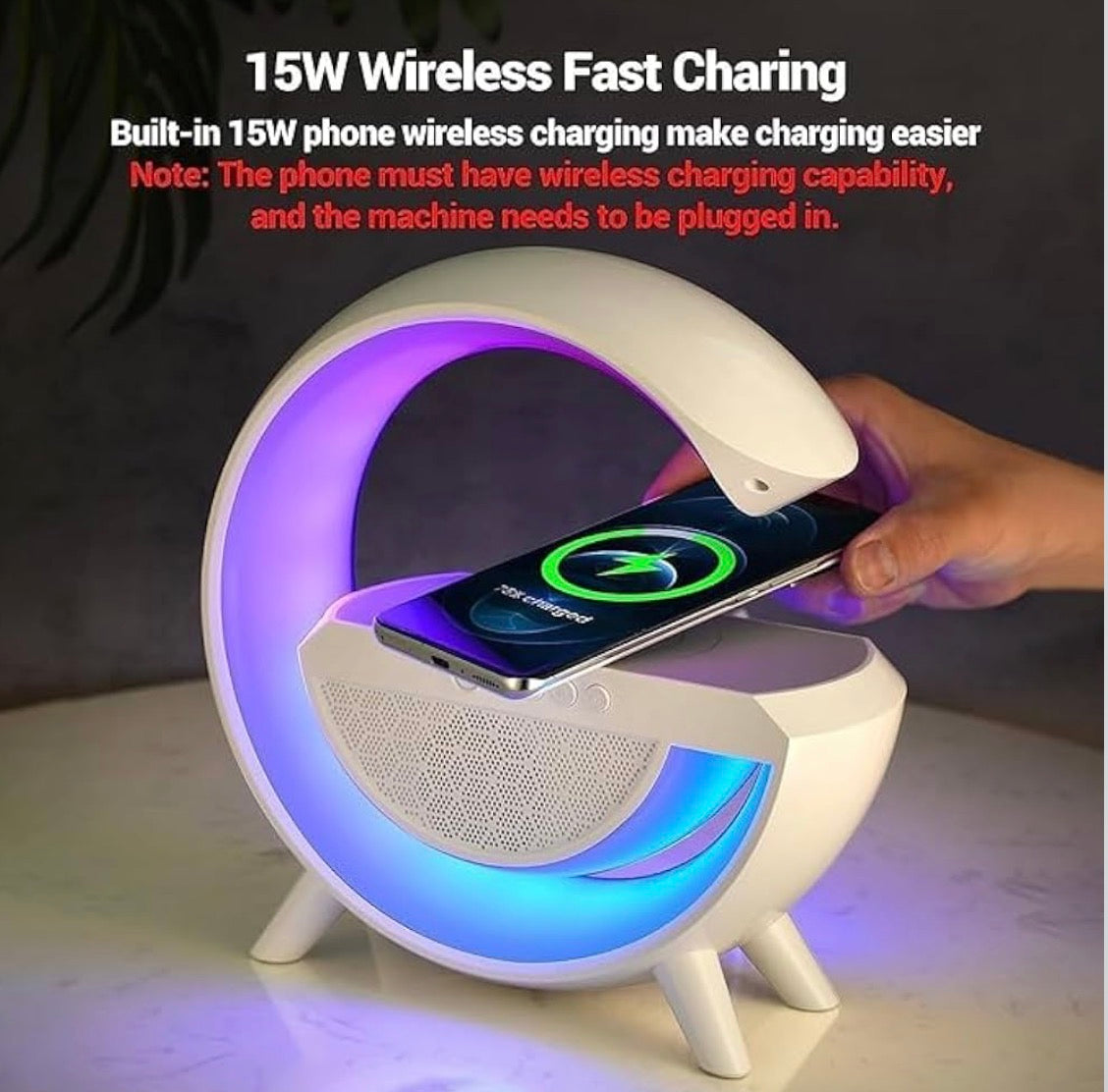 G-Shape LED Wireless Charging Speaker Lamp | 4-in-1 Bluetooth Night Light with Wireless Charger