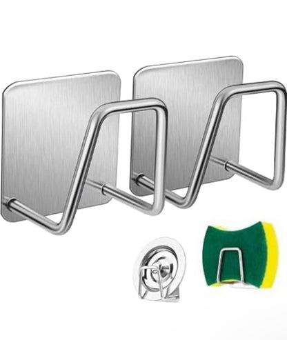Stainless Steel Adhesive Sink Sponge Holder & Multipurpose Wall Hook (4 PCS SET)