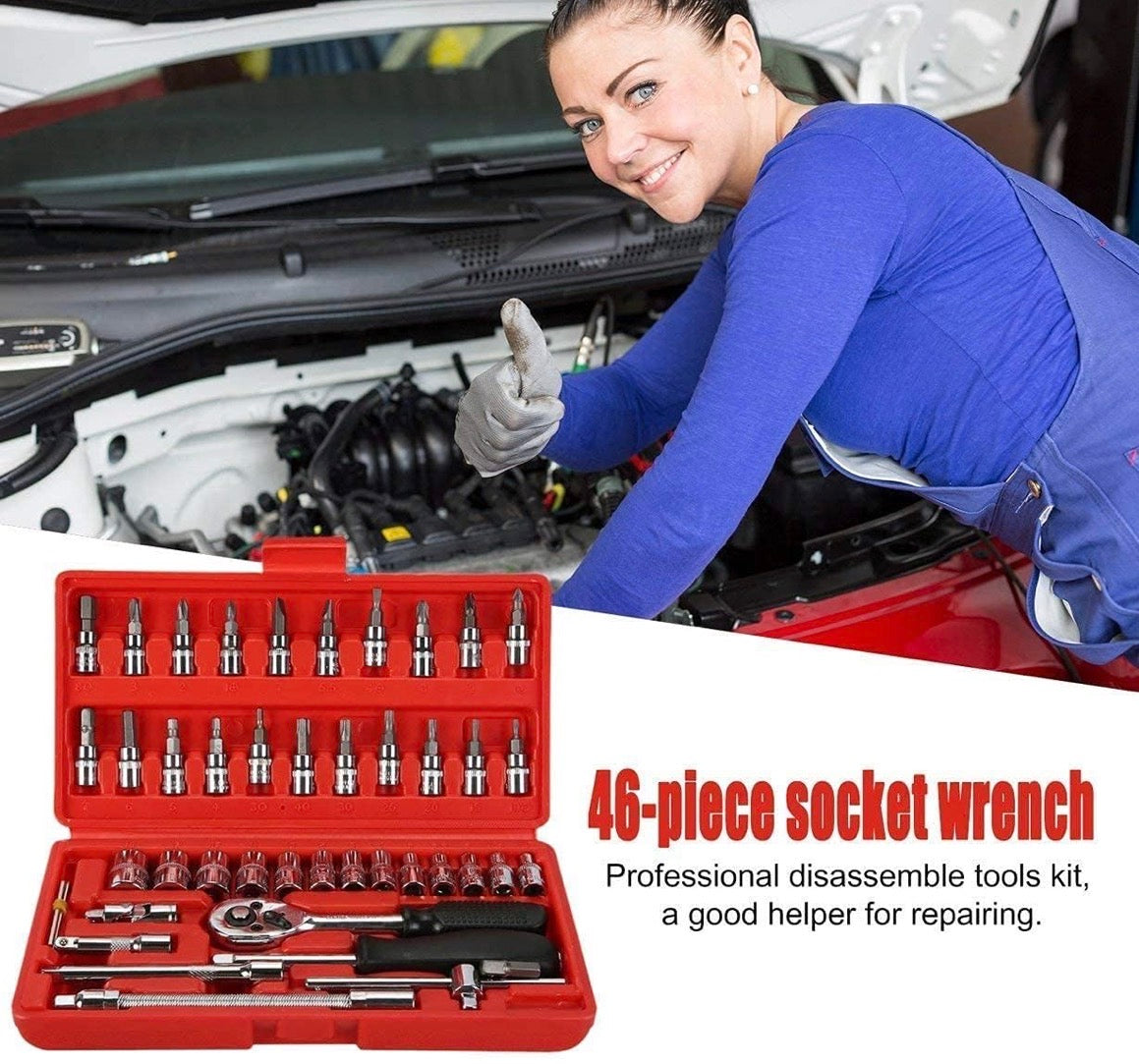 46 in 1 Car Repair Tool Kit with Quick Release Ratchet Wrench | Chrome Vanadium Socket Set