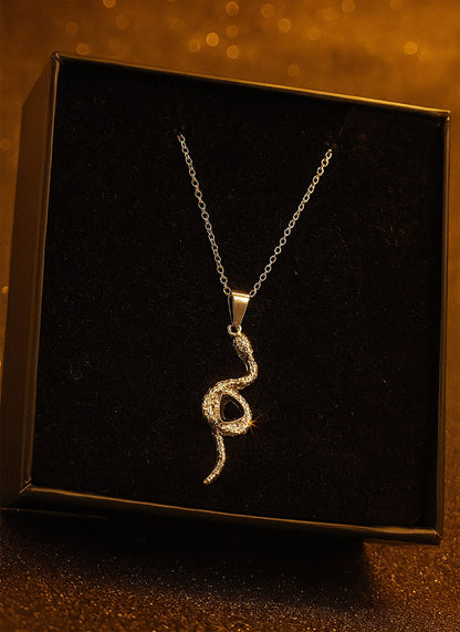 Silver Snake Pendant Necklace with Black Stone – Fashion Jewelry