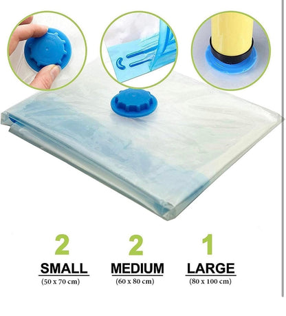 Vacuum Storage Bags Space Saver – Pack of 5 Reusable Compression Bags with Hand Pump(10 pcs)