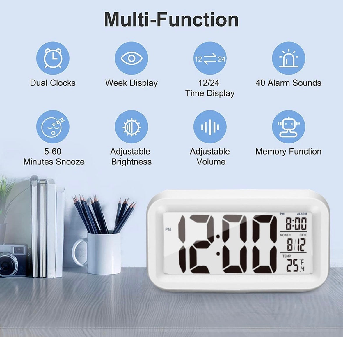 Rectangle Digital Alarm Clock – White | Smart Backlight, Date & Indoor Temperature Display | Battery Operated LCD Table Alarm Clock