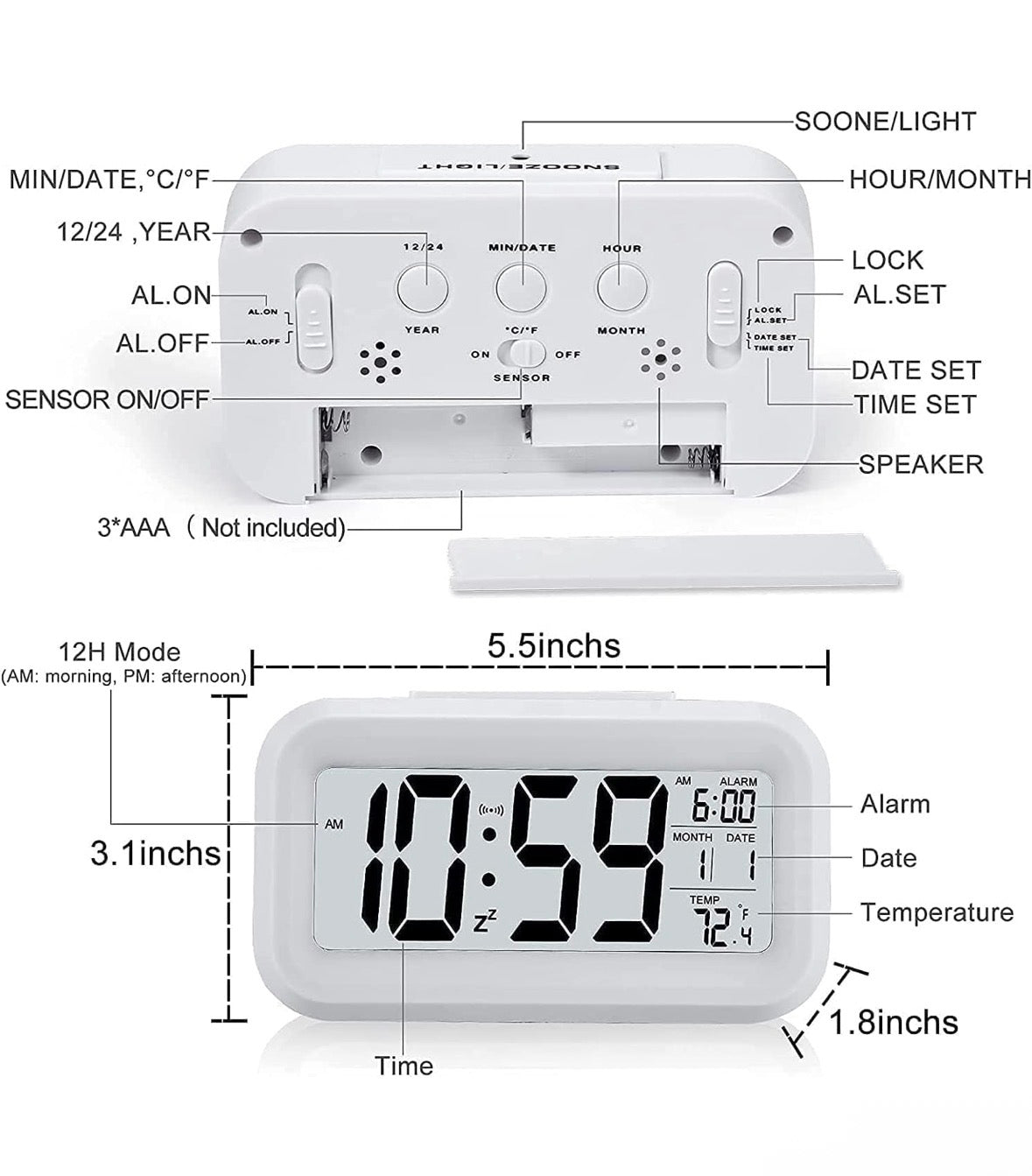 Rectangle Digital Alarm Clock – White | Smart Backlight, Date & Indoor Temperature Display | Battery Operated LCD Table Alarm Clock