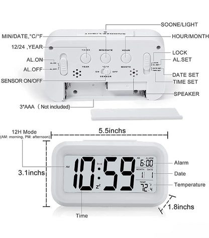 Rectangle Digital Alarm Clock – White | Smart Backlight, Date & Indoor Temperature Display | Battery Operated LCD Table Alarm Clock