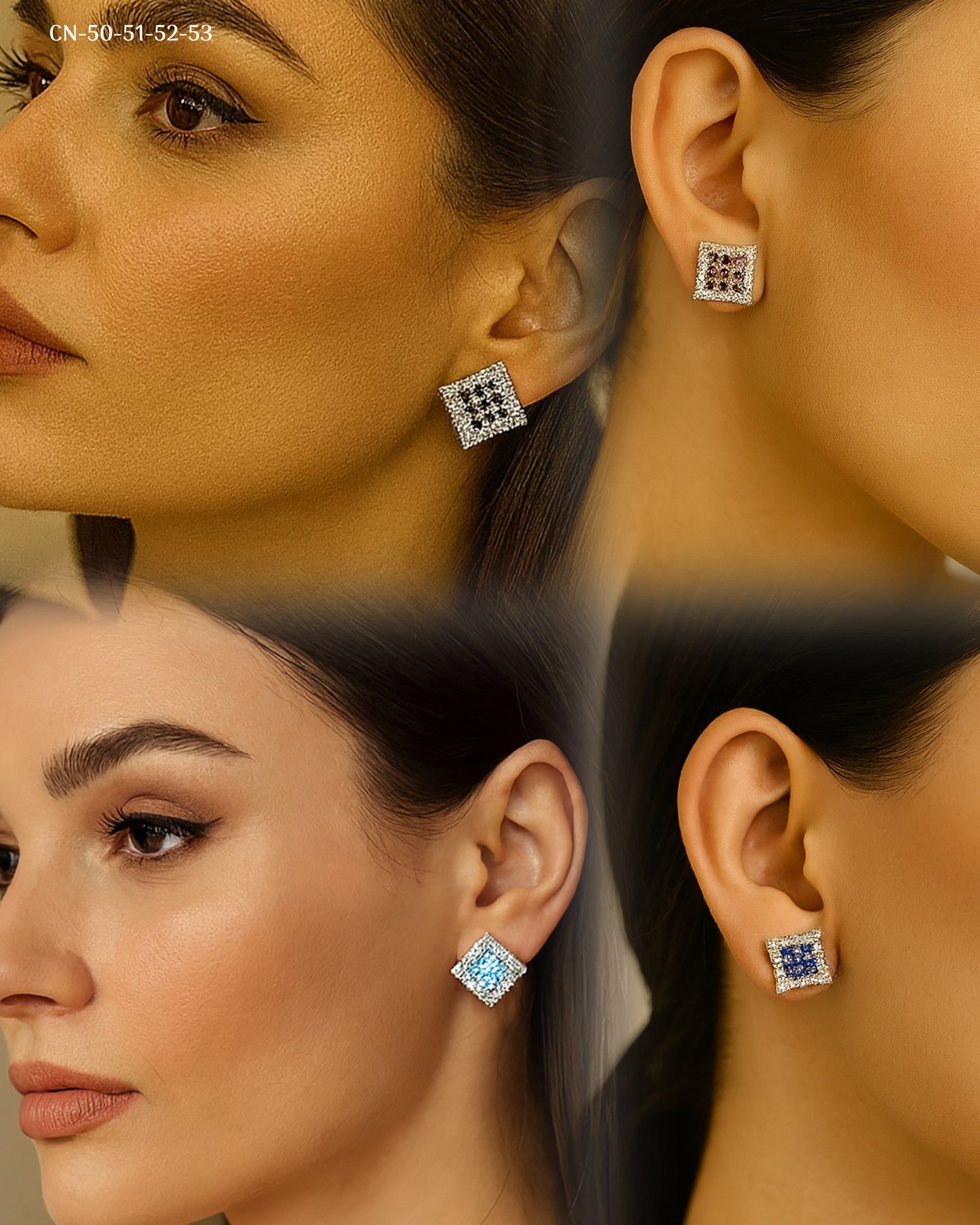 Combo of 4 Square Crystal Stud Earrings – Multi-Colour Set (Silver-Tone)