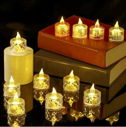 Crystal LED Flameless Tealight Candles – Warm Golden Glow | Battery Included | Decorative Night Light for Home, Festive Décor & Gifts (Set of 24)
