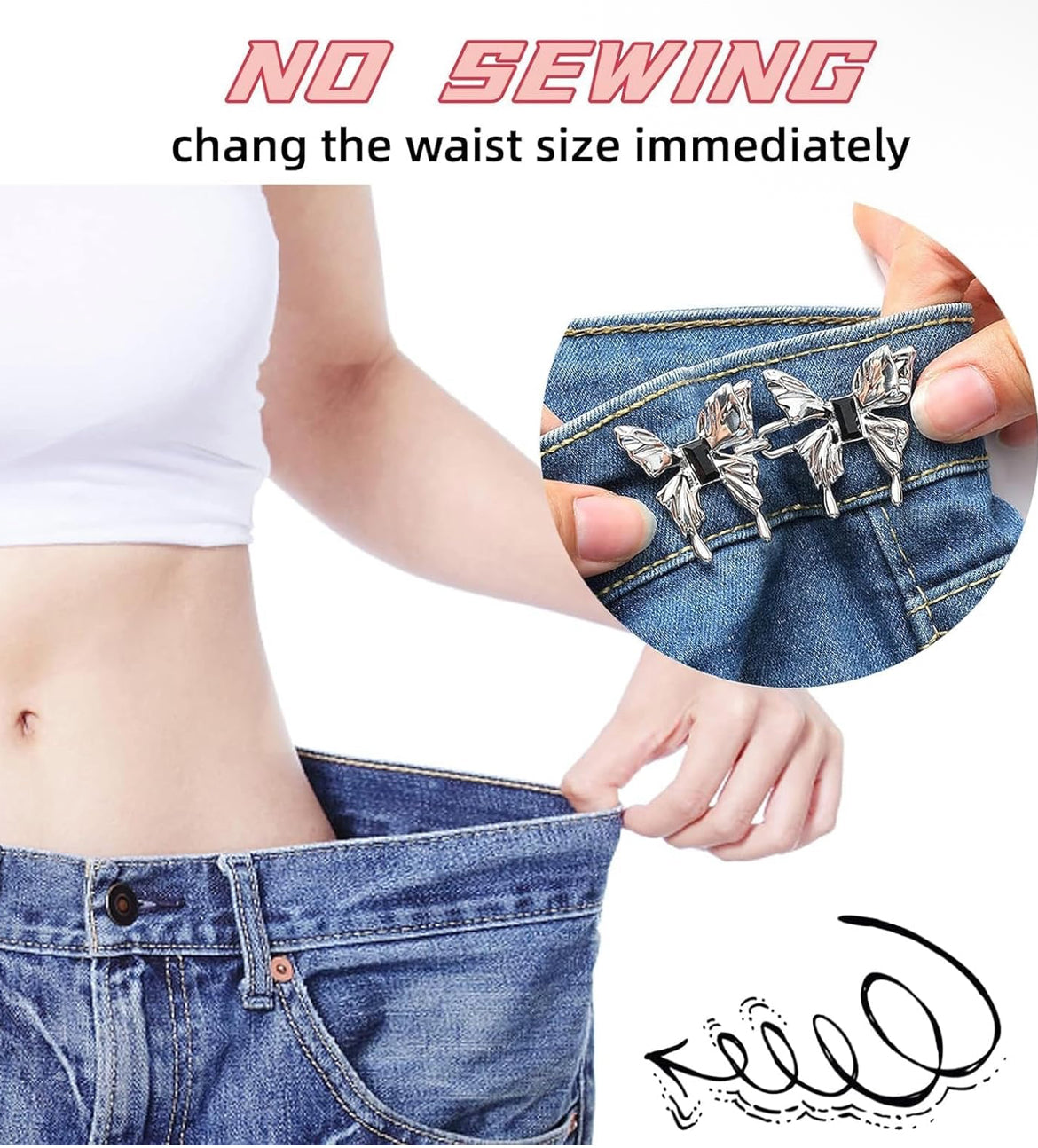 Butterfly Adjustable Waist Buckle Clip for Jeans – No Sewing Instant Waist Tightener