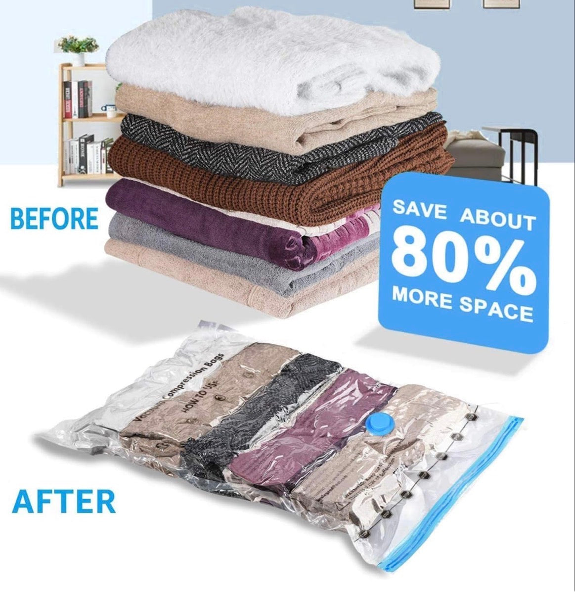 Vacuum Storage Bags Space Saver – Pack of 5 Reusable Compression Bags with Hand Pump(10 pcs)