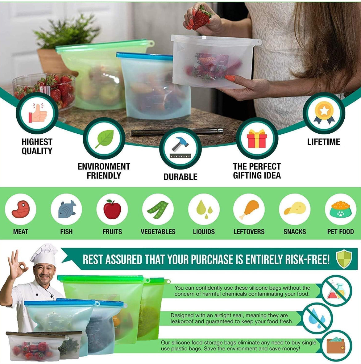 Reusable Silicone Food Storage Bags – Airtight, Leakproof & Freezer Safe