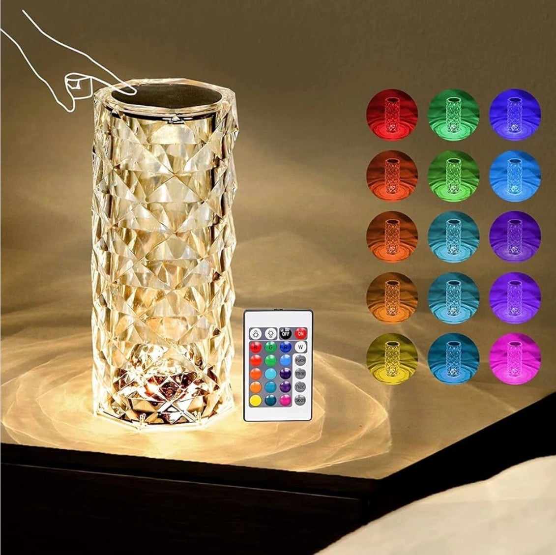 Crystal Diamond Table Lamp | 16-Color RGB LED Night Light | USB Rechargeable Crystal Rose Lamp with Remote & Touch Control | Bedroom & Home Decor