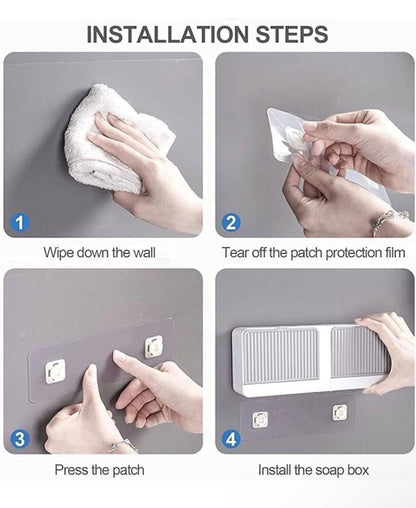 Wall Mounted Double Bar Soap Dish | Self-Draining Bathroom Organizer | Adhesive Storage Box with Cover & Hook