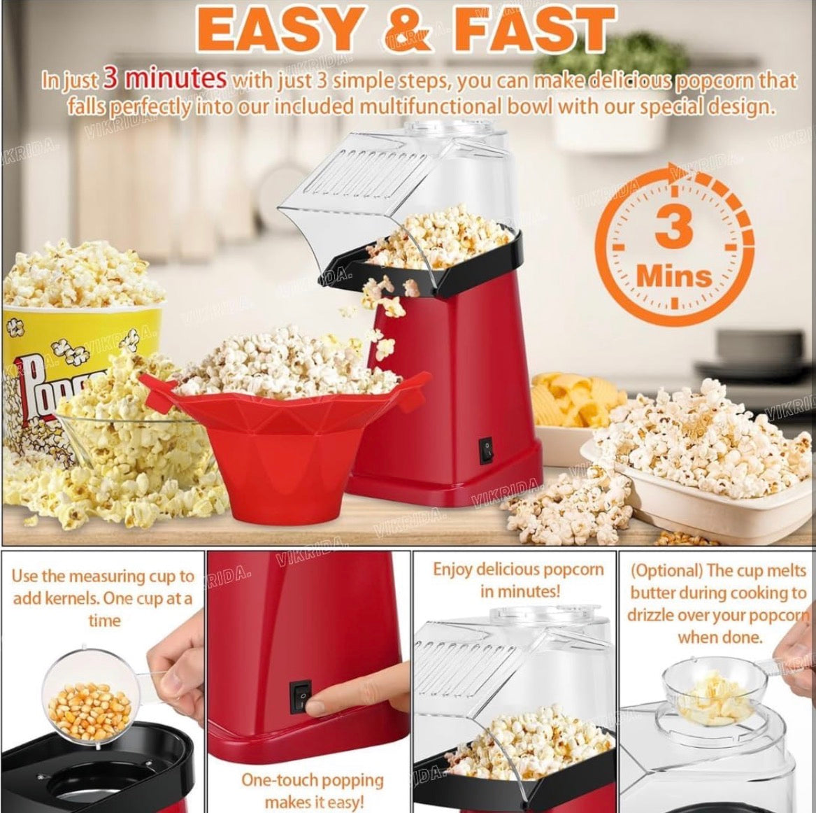 Electric Popcorn Maker Machine | Oil-Free Hot Air Popcorn Popper for Home