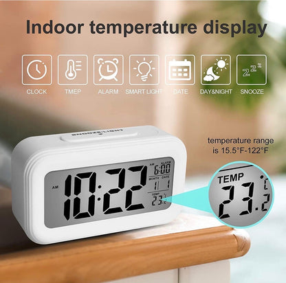 Rectangle Digital Alarm Clock – White | Smart Backlight, Date & Indoor Temperature Display | Battery Operated LCD Table Alarm Clock