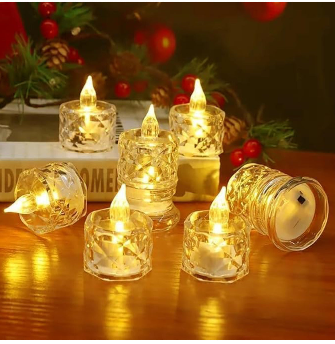 Crystal LED Flameless Tealight Candles – Warm Golden Glow | Battery Included | Decorative Night Light for Home, Festive Décor & Gifts (Set of 24)