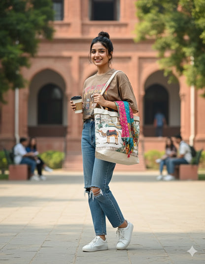🐪 Rajasthani Desert-Inspired Camel Print Tote Bag