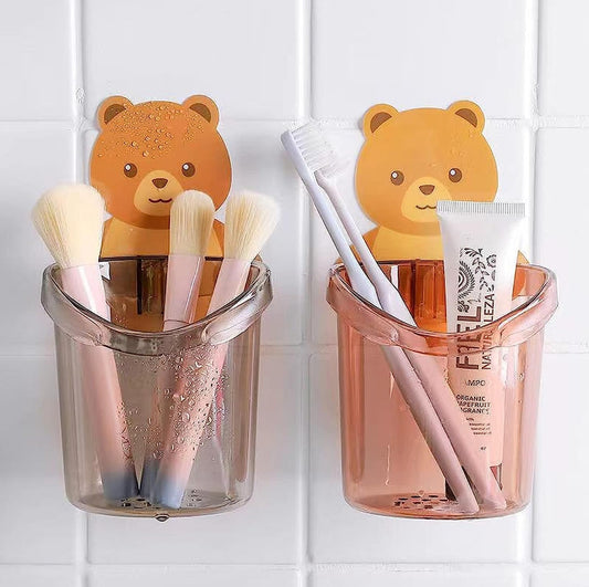 Cute Bear Wall Mounted Storage Holder – Multi-Purpose Bathroom & Kitchen Organizer | Self-Adhesive Drain Cup for Brushes, Toothbrush, Sponges (4 PCS SET)