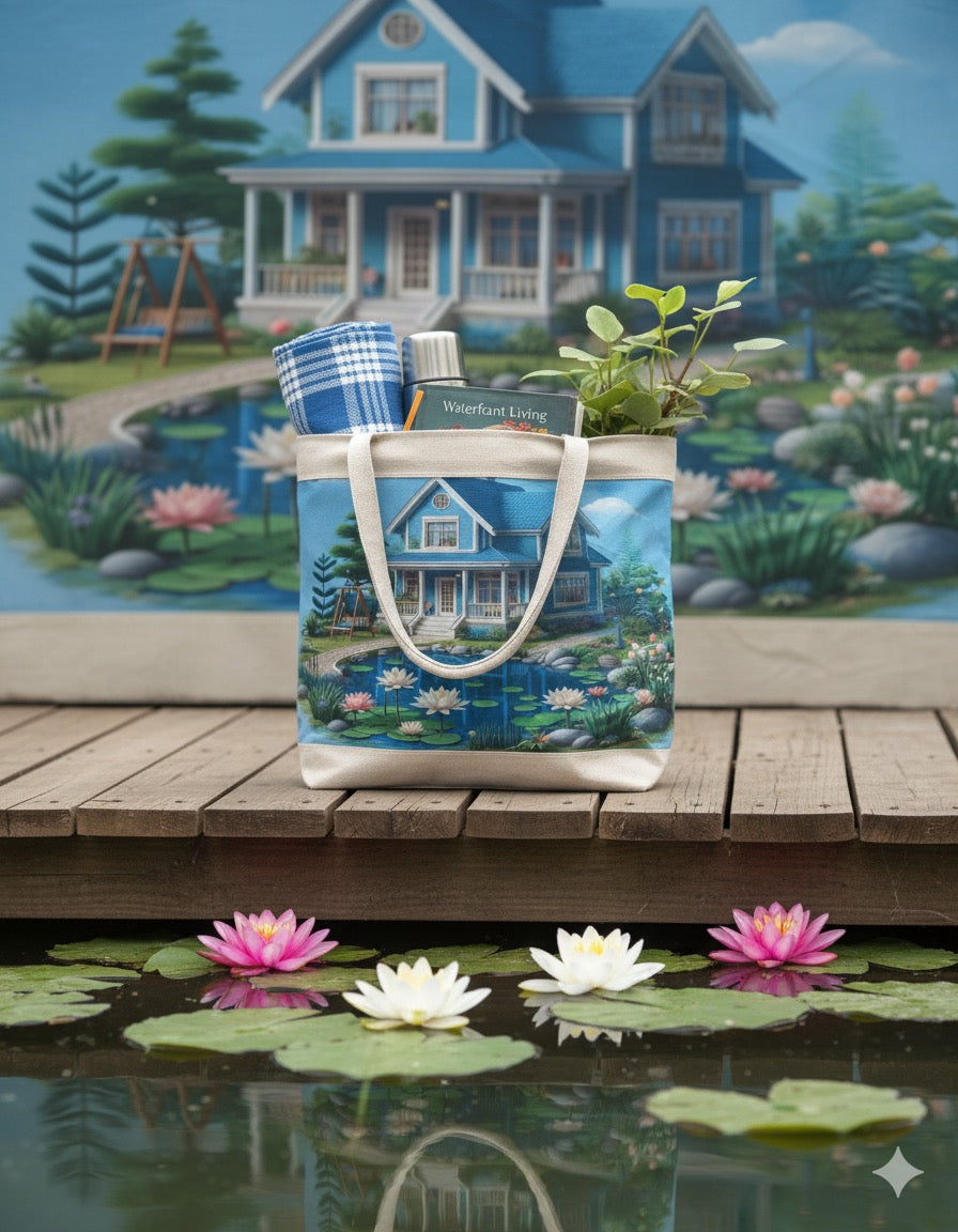 🏡 Lakeside Cottage Scene Canvas Tote Bag