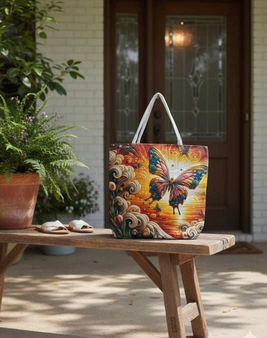🦋 Radiant Sunset Butterfly Art Tote Bag