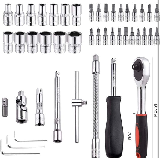 46 in 1 Car Repair Tool Kit with Quick Release Ratchet Wrench | Chrome Vanadium Socket Set