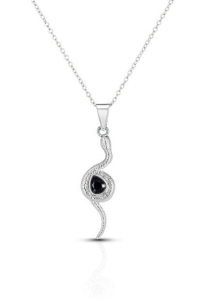 Silver Snake Pendant Necklace with Black Stone – Fashion Jewelry