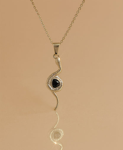 Silver Snake Pendant Necklace with Black Stone – Fashion Jewelry