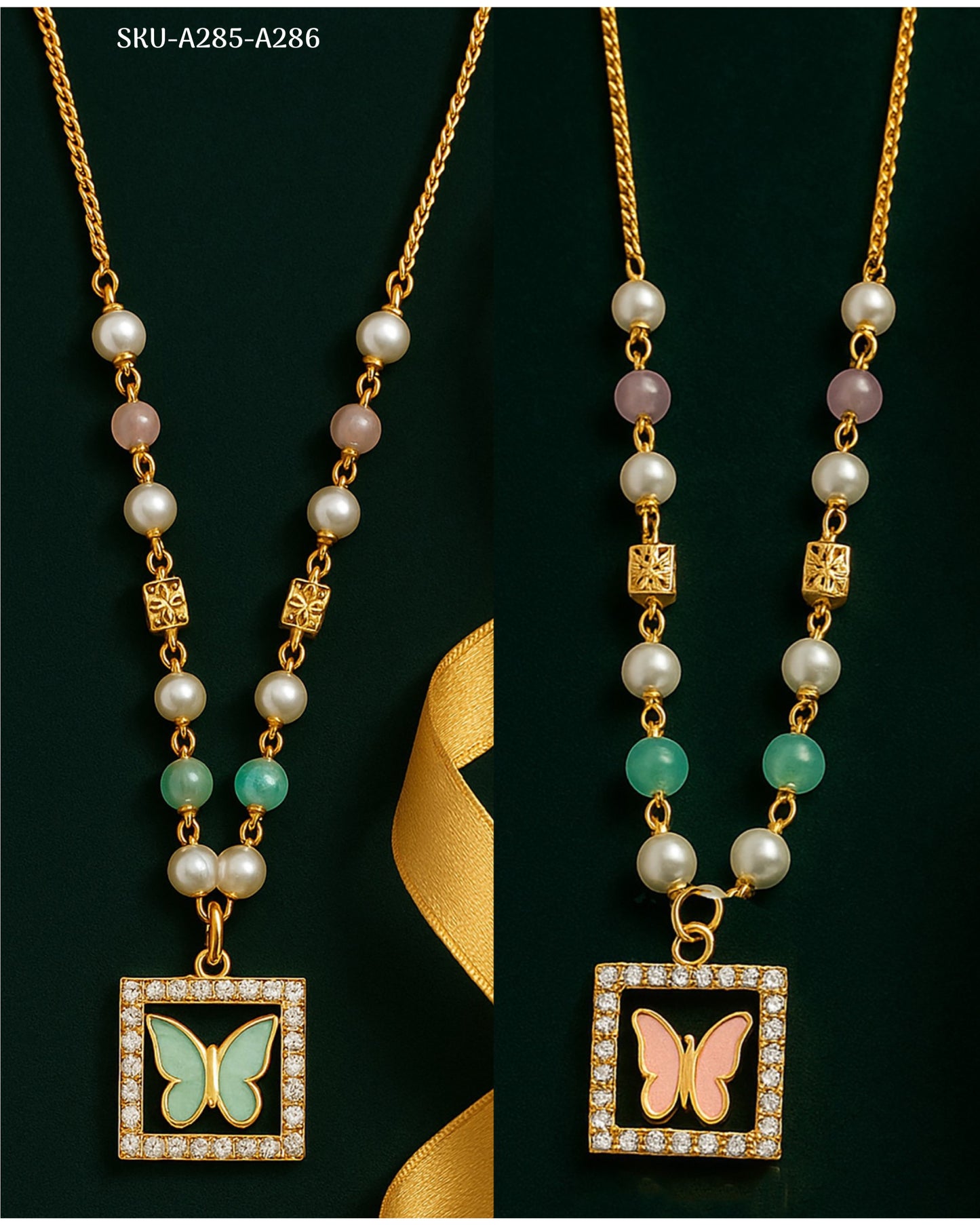 Elegant Pearl & Stone Butterfly Pendant Necklace – Gold Plated