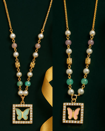 Elegant Pearl & Stone Butterfly Pendant Necklace – Gold Plated