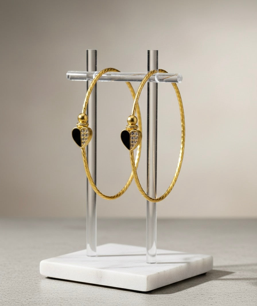 Heart Design Gold-Tone Bangles – Black & Stone Detailing (Pair)