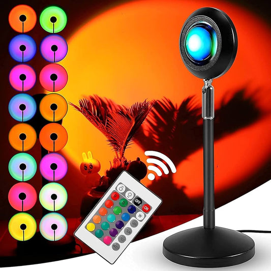 16 Color LED Sunset Projection Lamp with Remote Control – Adjustable RGB Ambient Light for Room, Photography & Home Décor