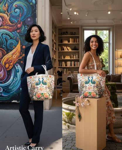 🦚 Imperial Peacock & Floral Embroidery-Style Tote Bag