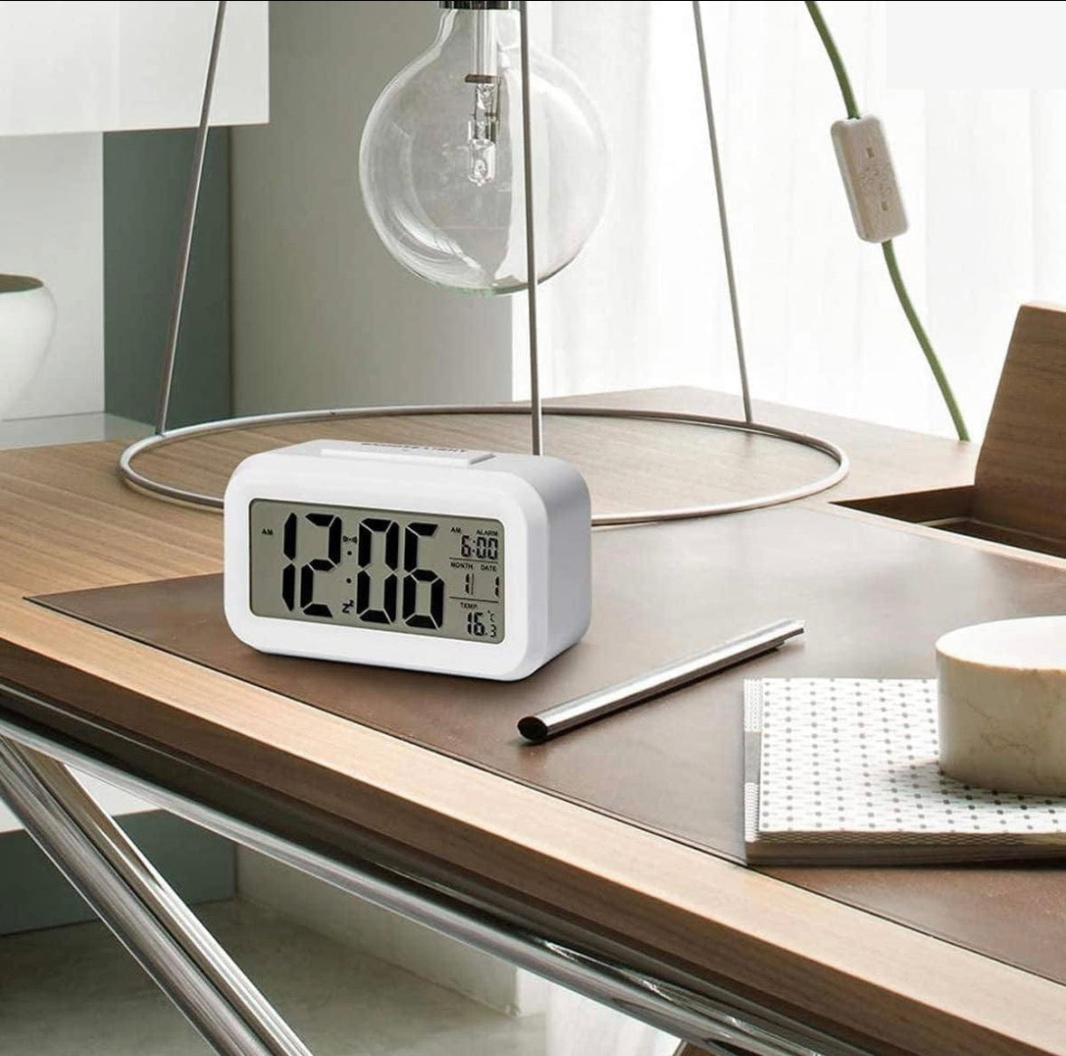 Rectangle Digital Alarm Clock – White | Smart Backlight, Date & Indoor Temperature Display | Battery Operated LCD Table Alarm Clock