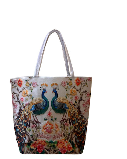 🦚 Imperial Peacock & Floral Embroidery-Style Tote Bag