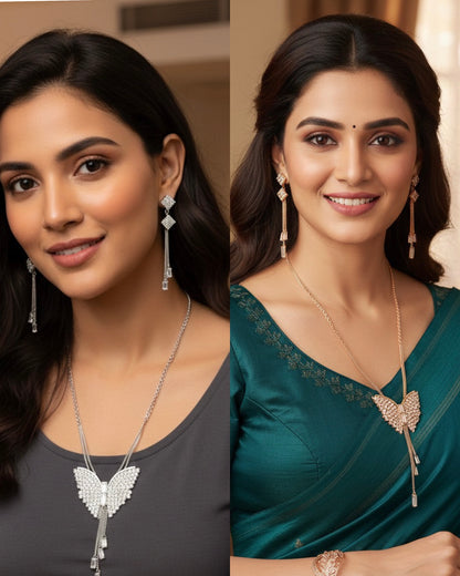 Luxury Butterfly Jewelry Set – Necklace, Earrings & Bracelet (Silver / Rose Gold)