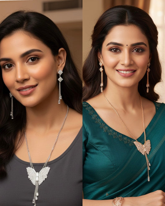 Luxury Butterfly Jewelry Set – Necklace, Earrings & Bracelet (Silver / Rose Gold)
