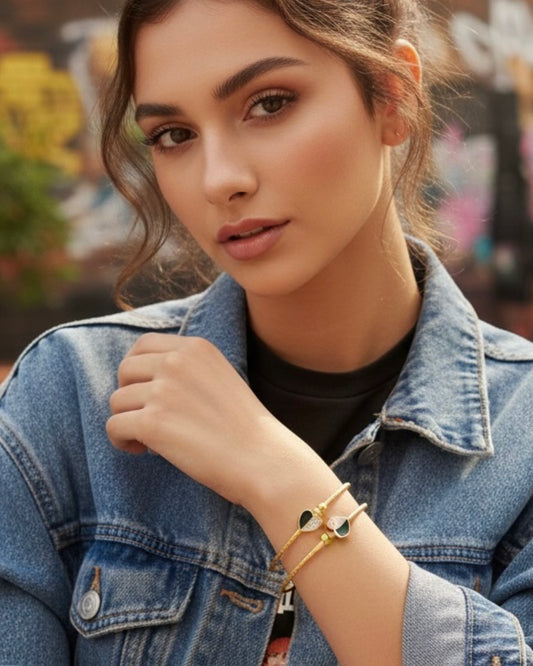 Heart Design Gold-Tone Bangles – Black & Stone Detailing (Pair)